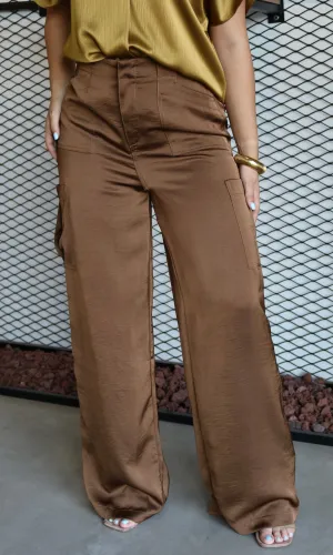 High Waist Elastic Band Pocket Satin Pants