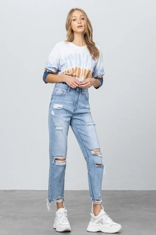 High Waist Ripped Fray Girlfriend Jeans