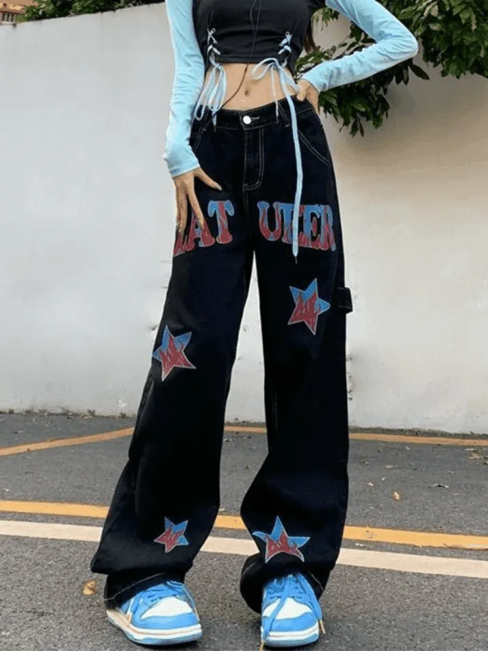 Hip Hop Loose American Star Print Distressed Cargo Jeans