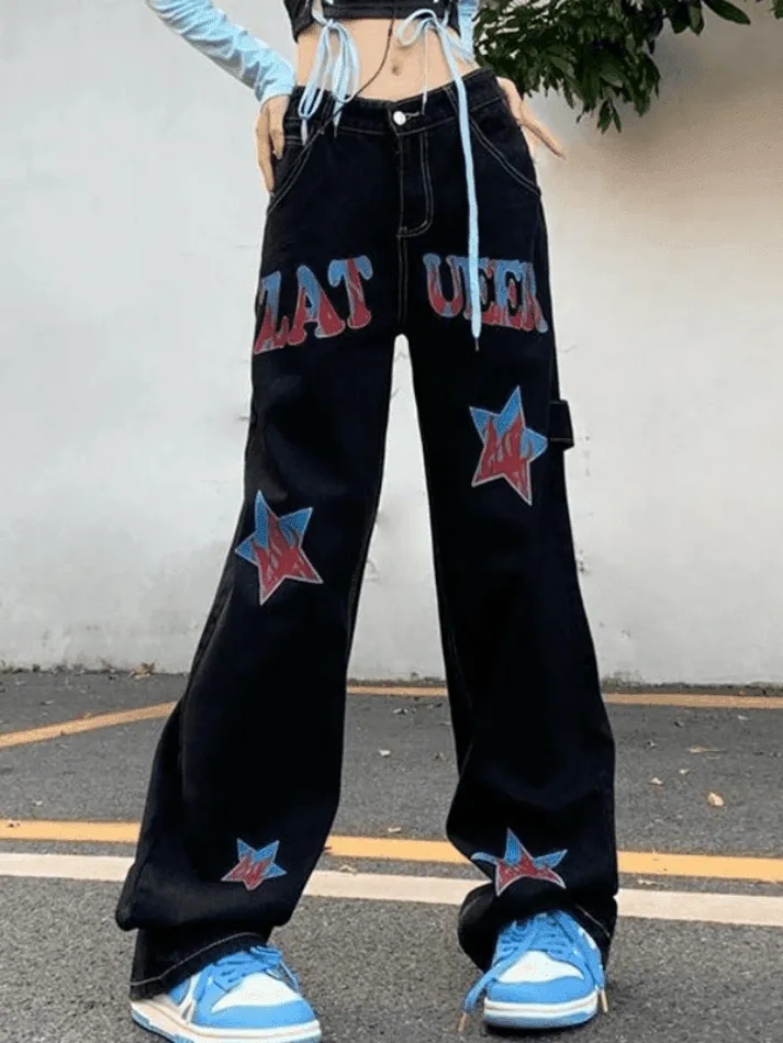 Hip Hop Loose American Star Print Distressed Cargo Jeans