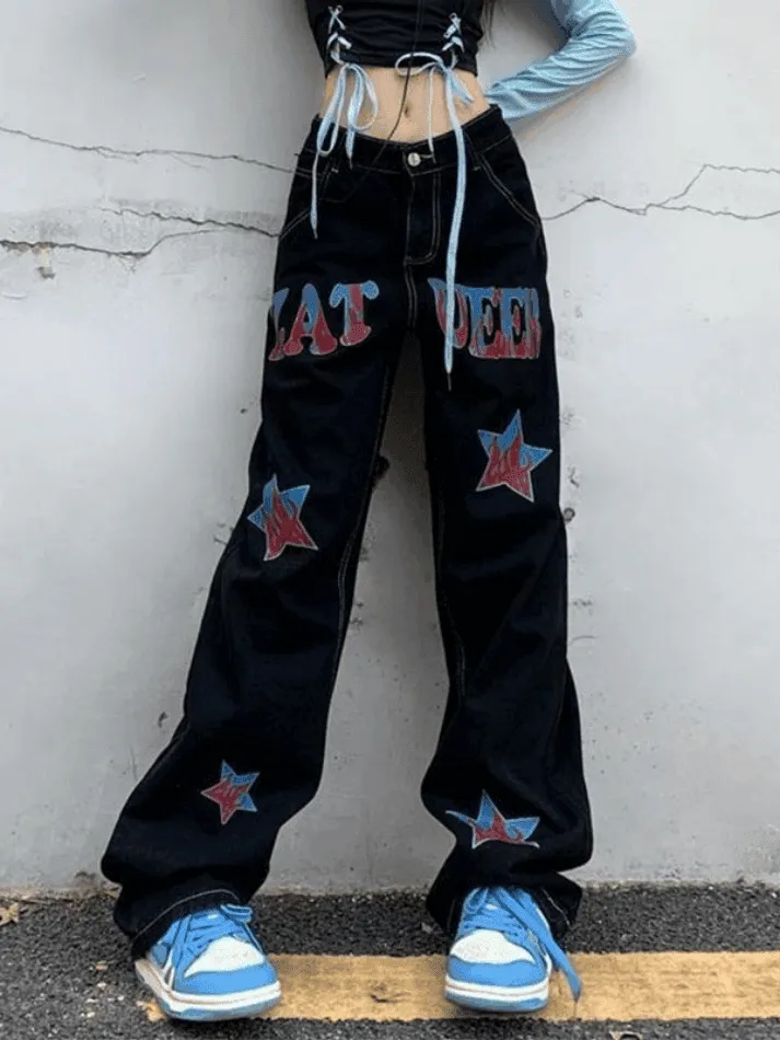 Hip Hop Loose American Star Print Distressed Cargo Jeans