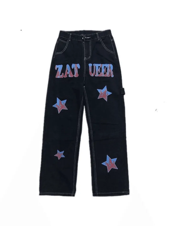 Hip Hop Loose American Star Print Distressed Cargo Jeans