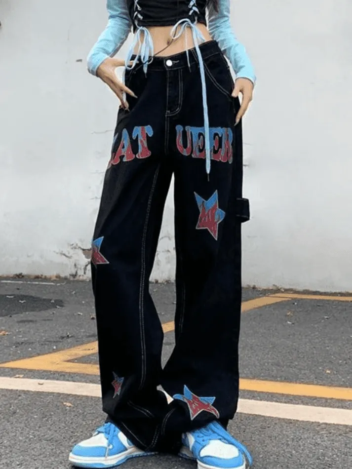 Hip Hop Loose American Star Print Distressed Cargo Jeans