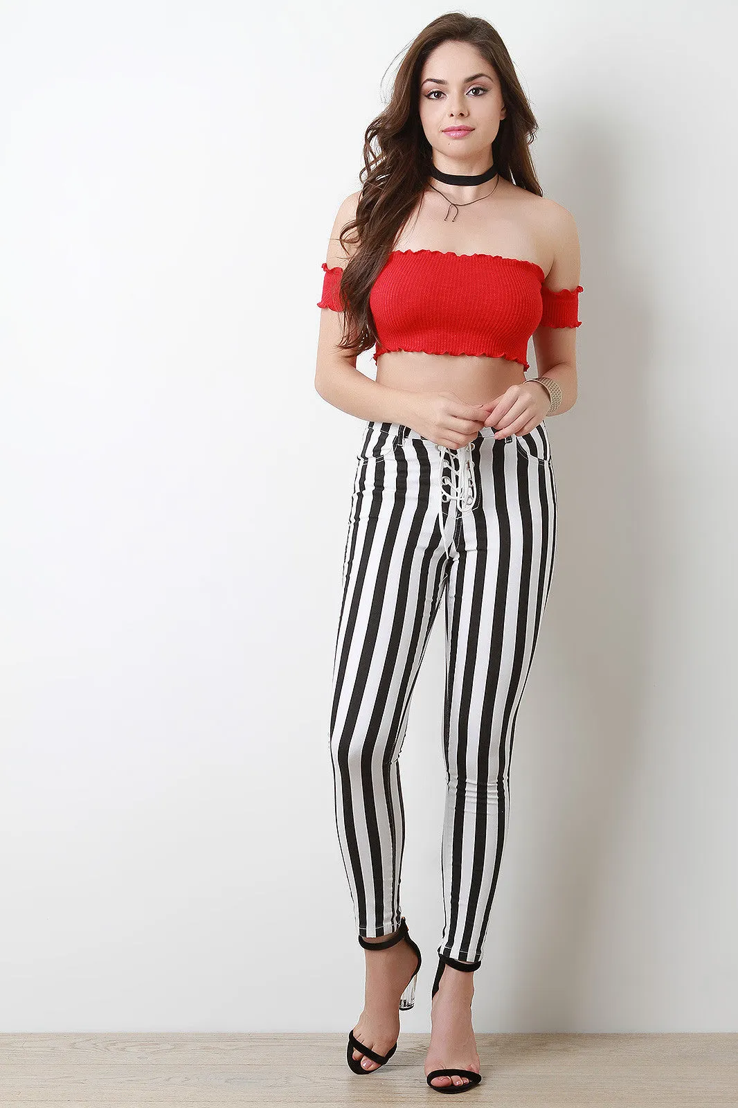 Horizontal Stripe Lace-Up Skinny Pants