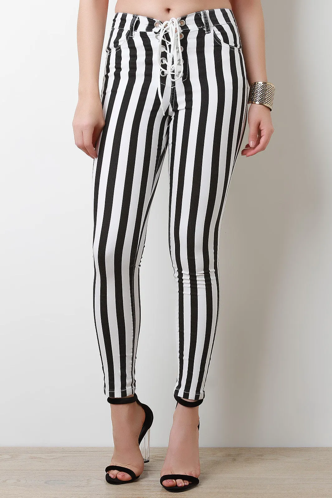 Horizontal Stripe Lace-Up Skinny Pants