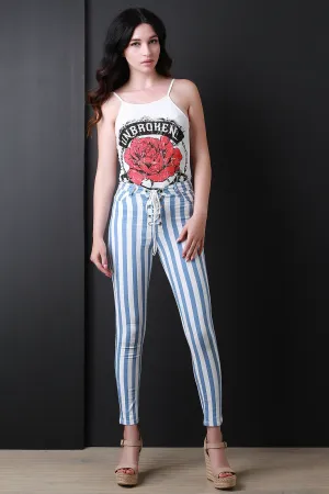 Horizontal Stripe Lace-Up Skinny Pants