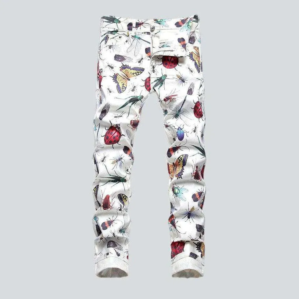 Insect print white men's jeans