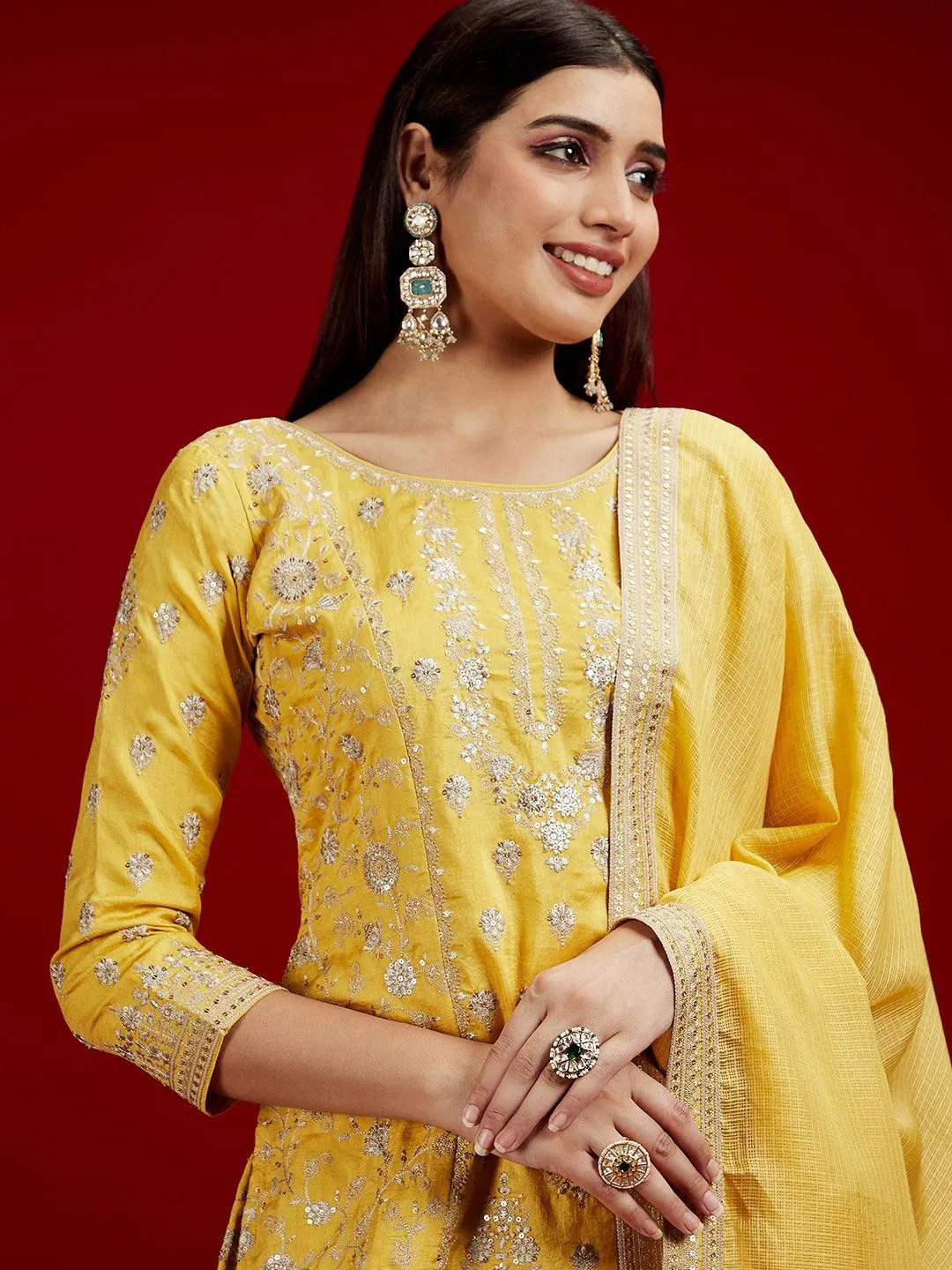 Jashvi Art Yellow Embroidered Silk Straight Suit With Dupatta