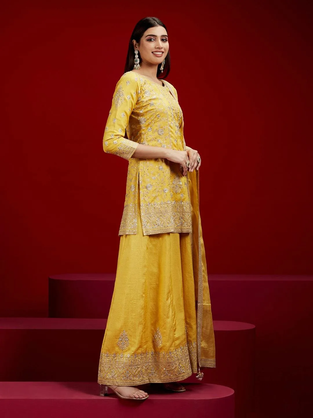 Jashvi Art Yellow Embroidered Silk Straight Suit With Dupatta