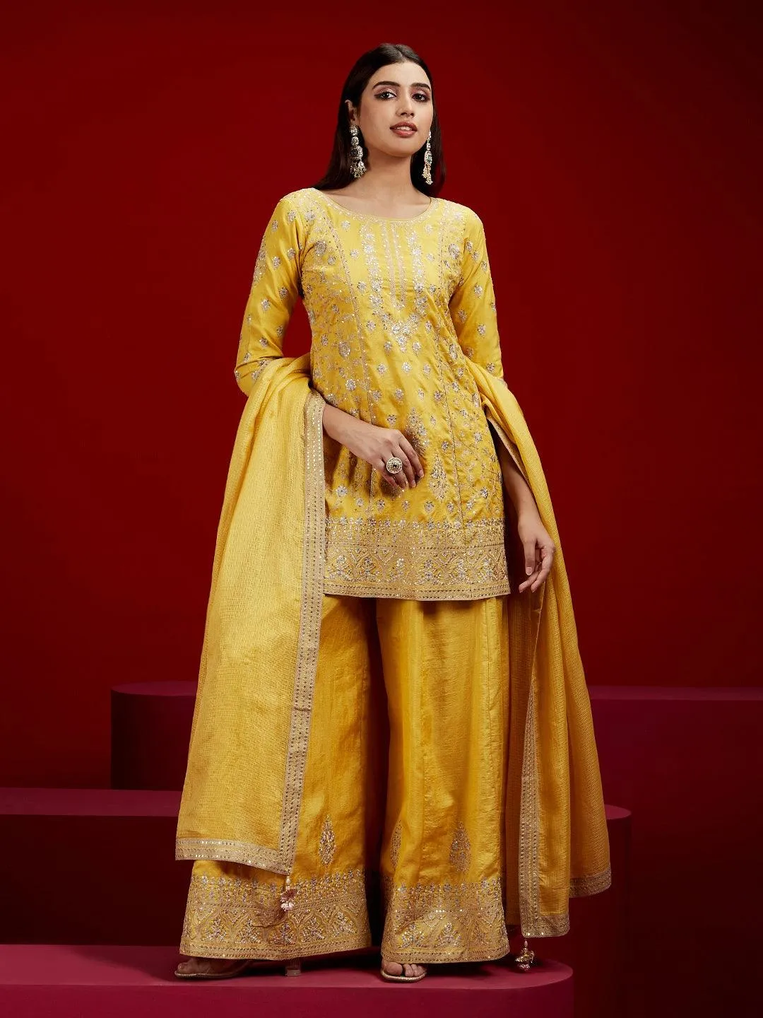 Jashvi Art Yellow Embroidered Silk Straight Suit With Dupatta