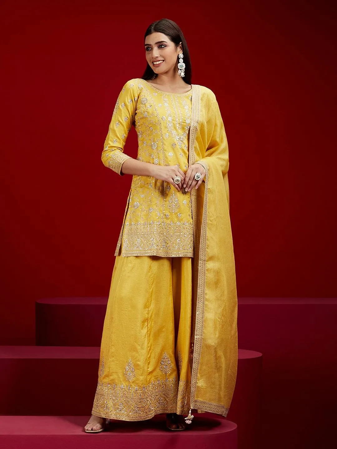 Jashvi Art Yellow Embroidered Silk Straight Suit With Dupatta