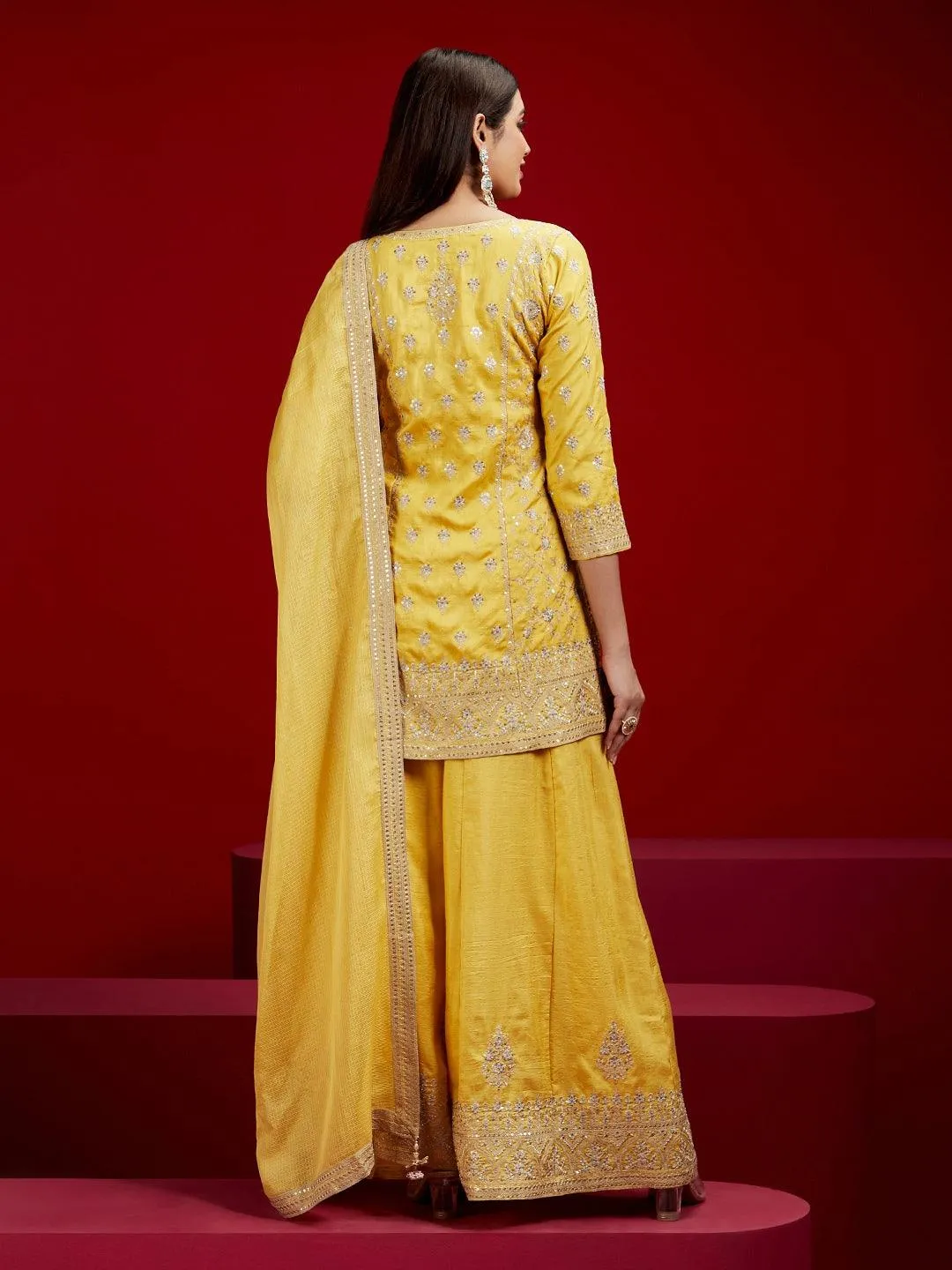 Jashvi Art Yellow Embroidered Silk Straight Suit With Dupatta