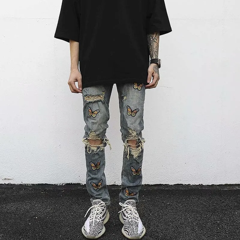 Jinquedai  Jeans Men's Letter Embroidery Ripped Holes Straight Retro Punk Pants Fashionable Hip-hop Streetwear Men S-3XL