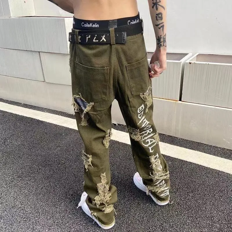 Jinquedai  Jeans Men's Letter Embroidery Ripped Holes Straight Retro Punk Pants Fashionable Hip-hop Streetwear Men S-3XL