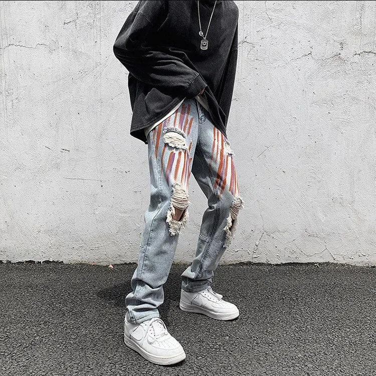 Jinquedai  Jeans Men's Letter Embroidery Ripped Holes Straight Retro Punk Pants Fashionable Hip-hop Streetwear Men S-3XL