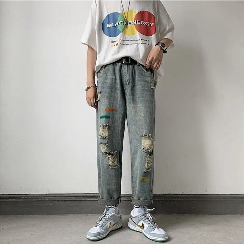 Jinquedai  Jeans Men's Letter Embroidery Ripped Holes Straight Retro Punk Pants Fashionable Hip-hop Streetwear Men S-3XL