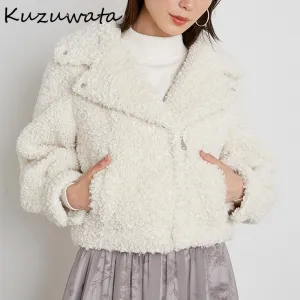 Joskaa Christmas Gift Kuzuwata 2024 Autumn Winter New Women Tops Solid Lapel Long Sleeve Zipper Short Jacket Japan Style Sweet Fashion Faux Fur Coat