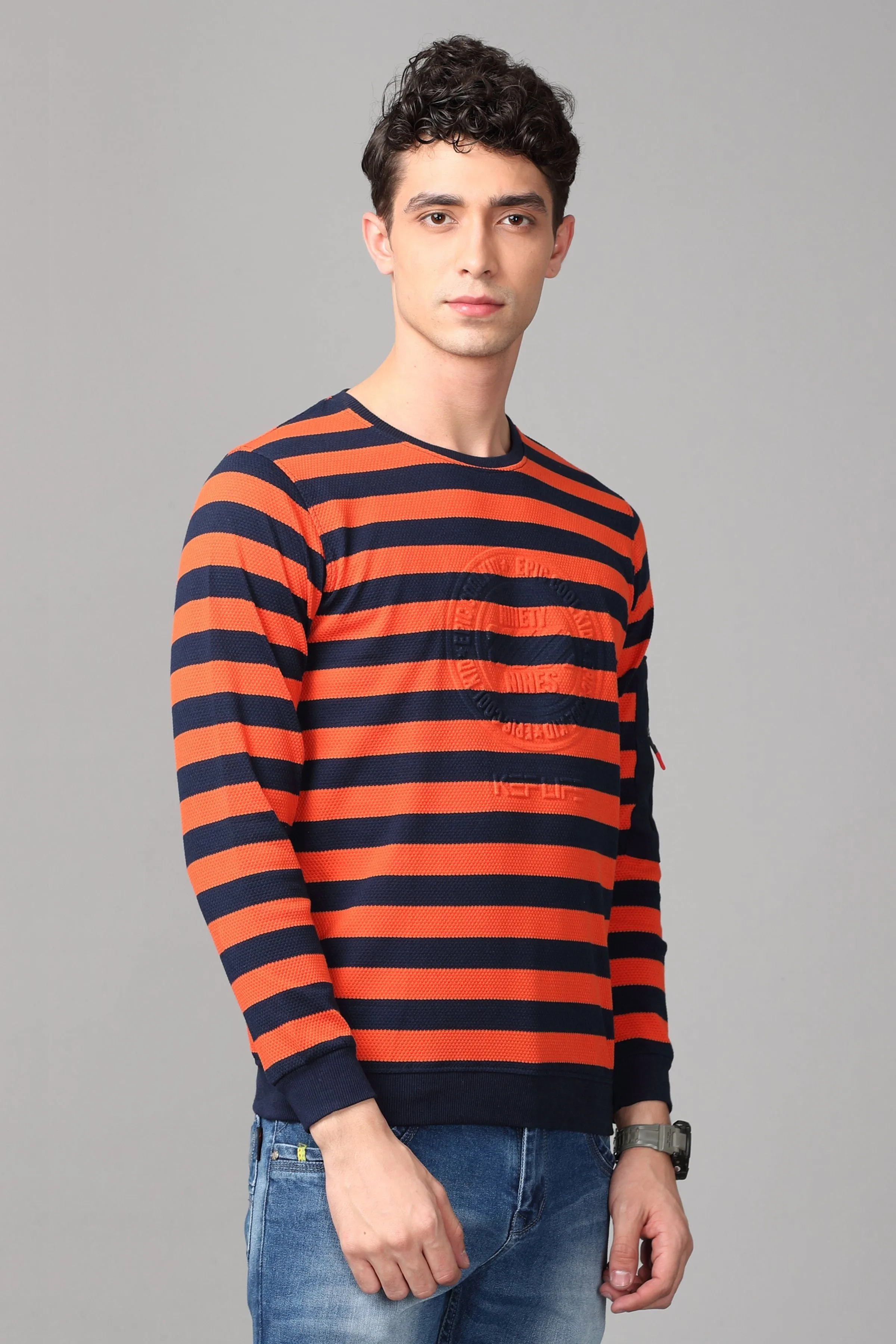 KEF Men's Orange & Black Striped Pullover Sweater