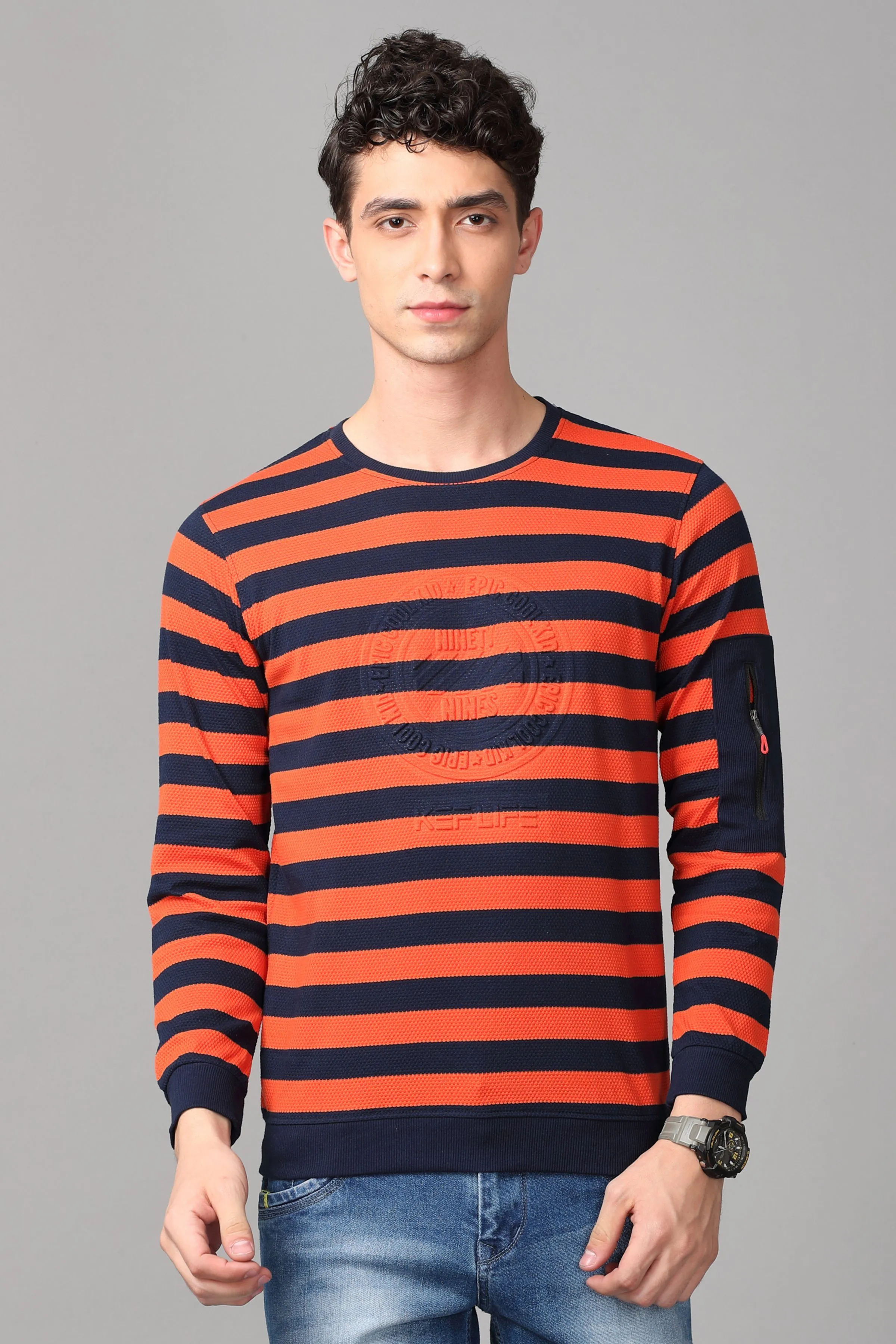 KEF Men's Orange & Black Striped Pullover Sweater