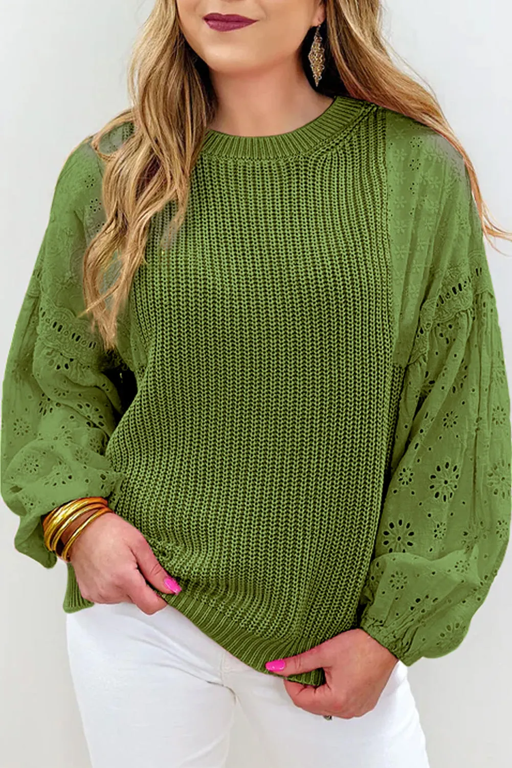 kesley Eyelet Round Neck Drop Shoulder Sweater