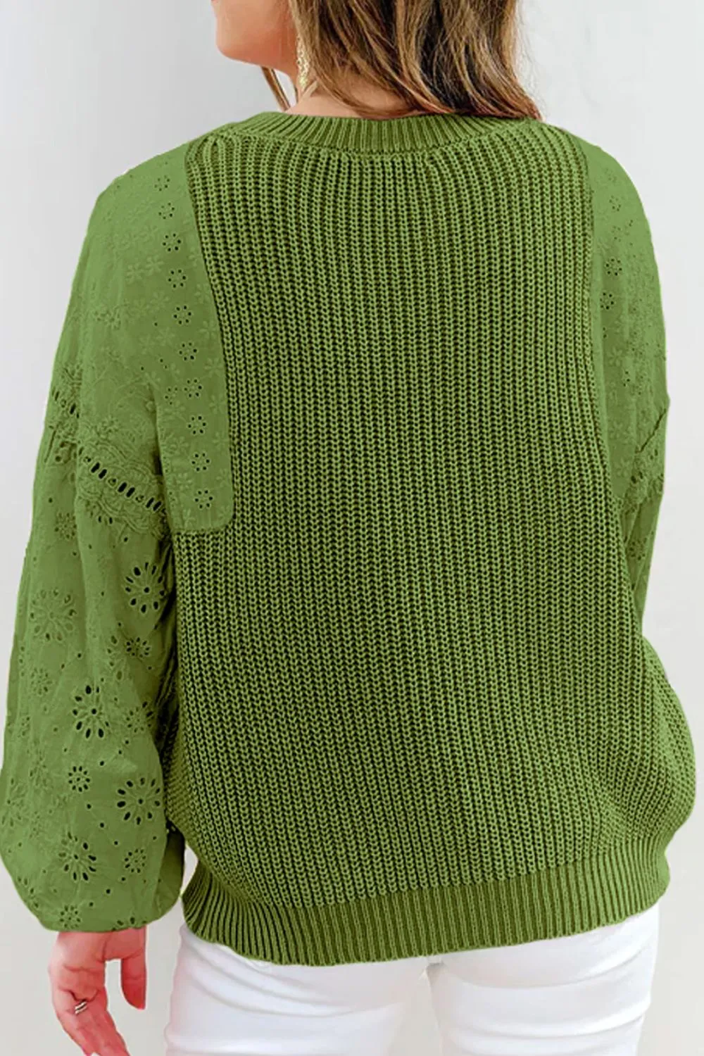 kesley Eyelet Round Neck Drop Shoulder Sweater