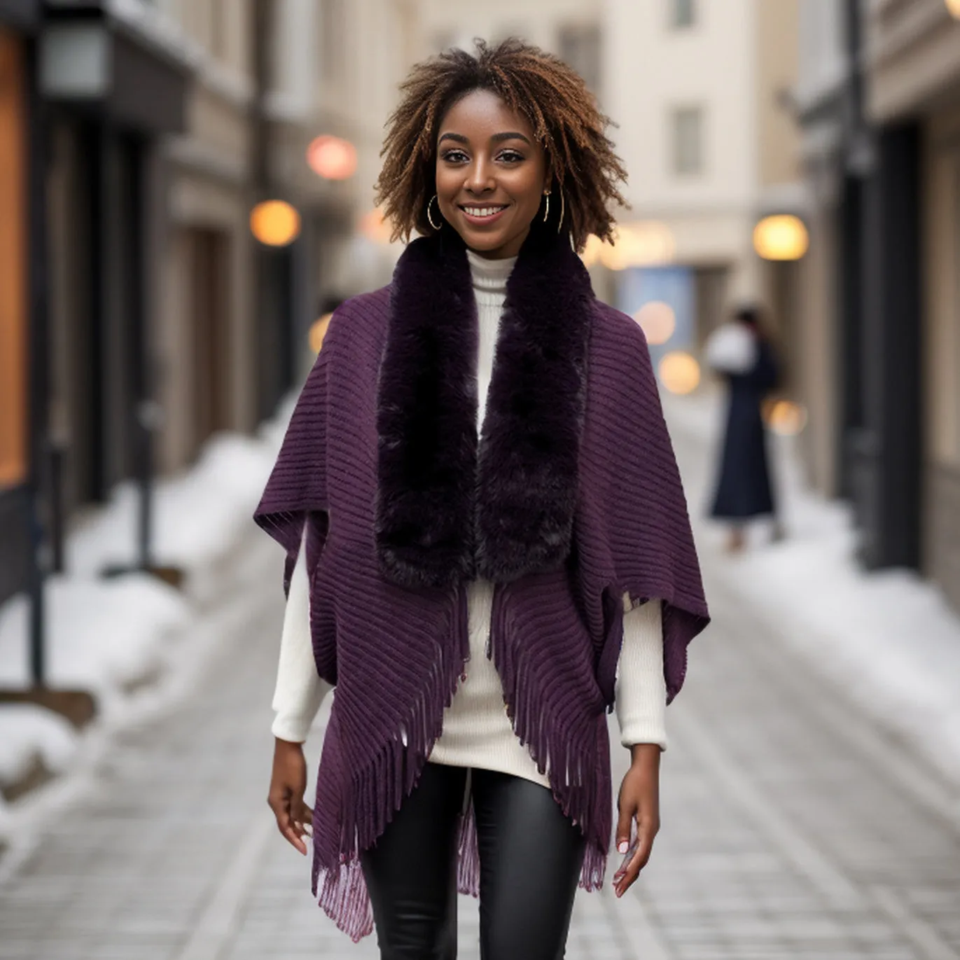 Knitted Shrug with Faux Fur Collar - Deep Purple