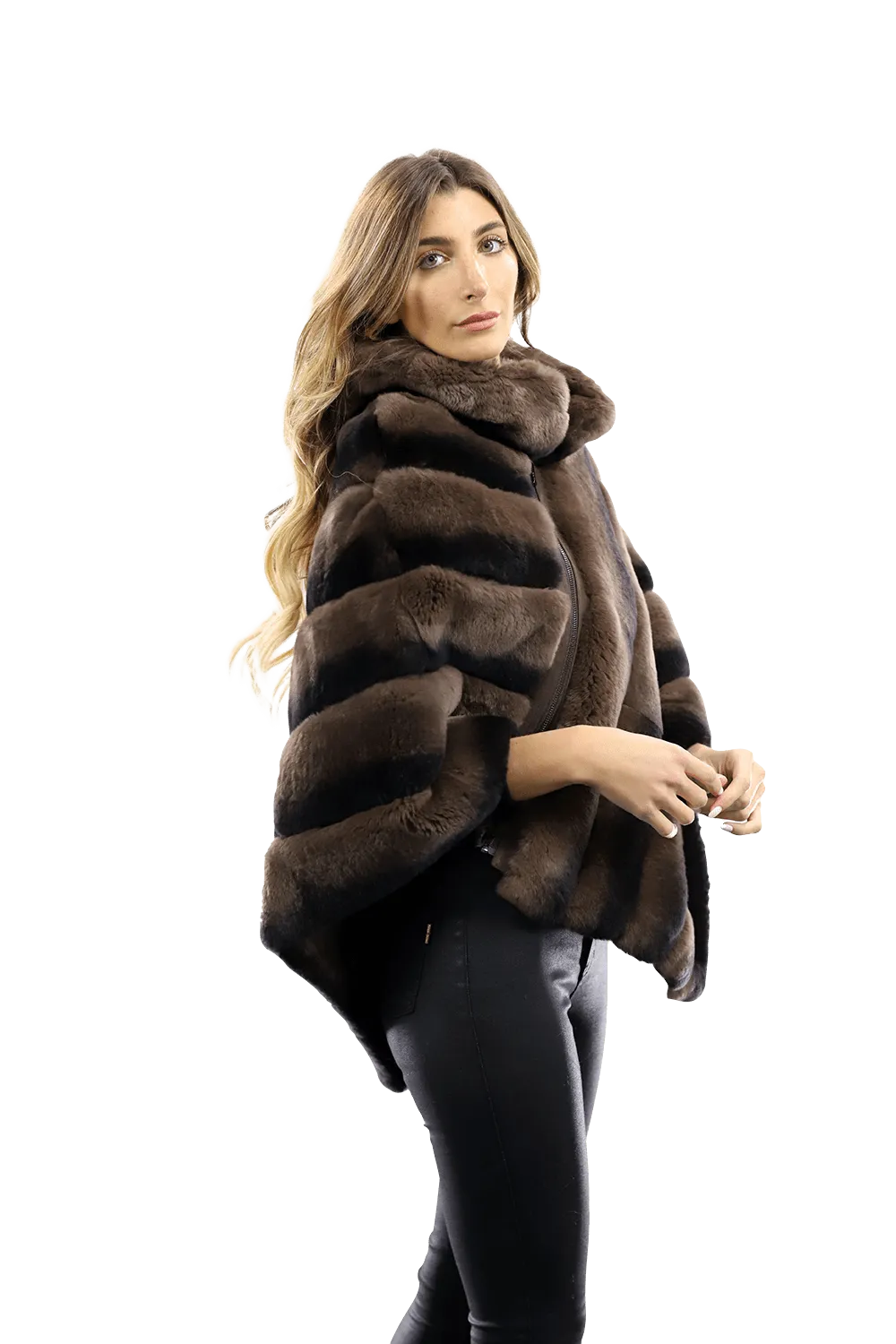 La Fiorentina -  Two Tone Rex Rabbit Poncho with Zipper - Brown