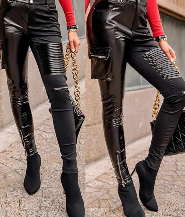 LANFUBEISI Women Cutout PU Leather Patch High Waist Skinny Pants