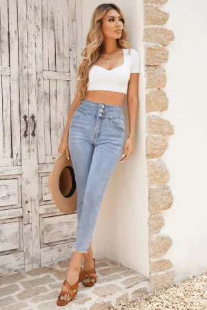 Light Blue Washed High Waist Buttoned Skinny Jeans