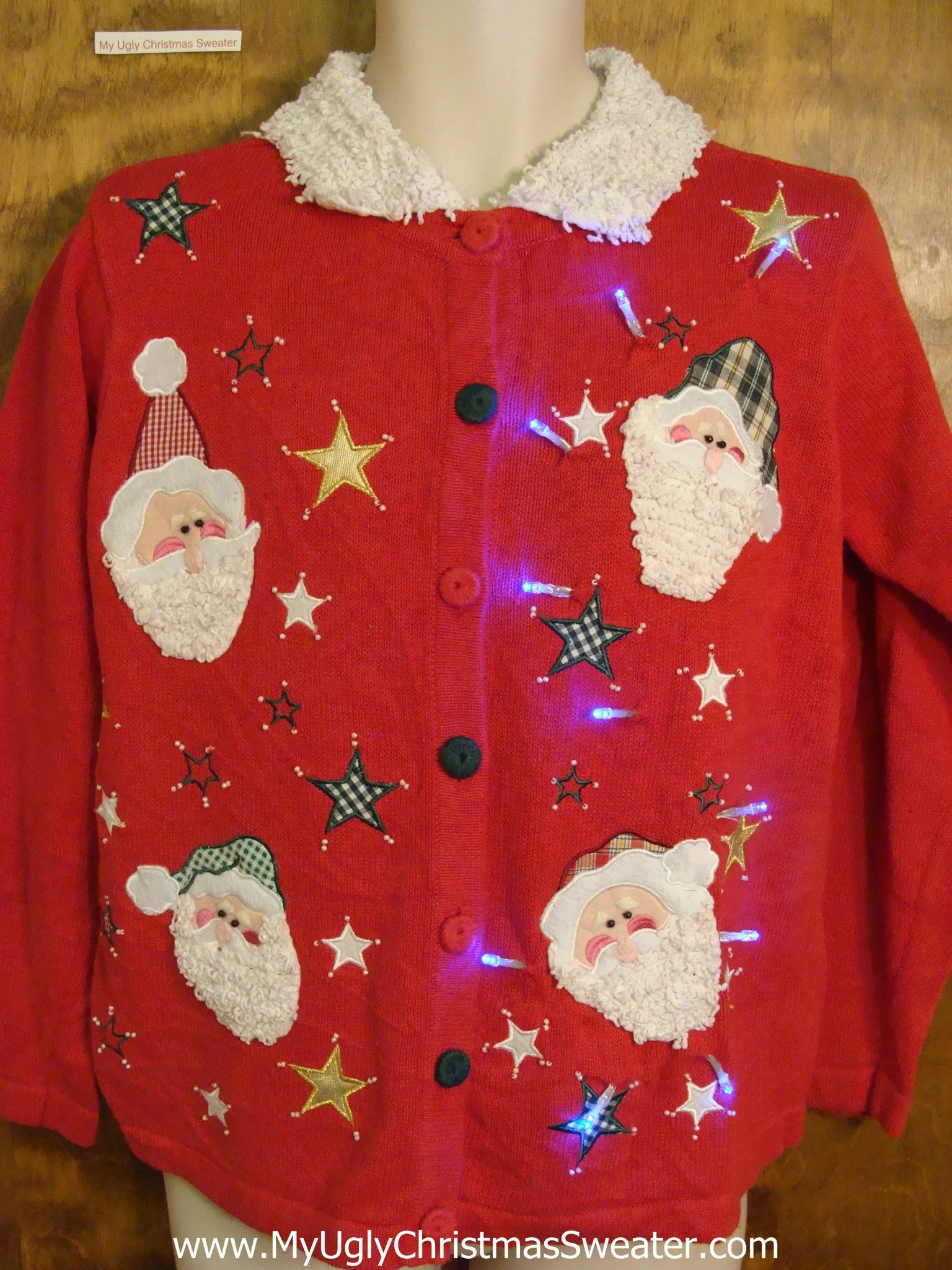 Light Up Ugly Xmas Sweater Santa Heads and Fluffy Collar