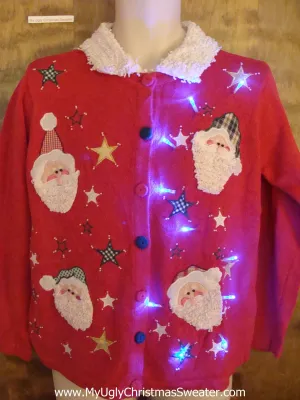 Light Up Ugly Xmas Sweater Santa Heads and Fluffy Collar