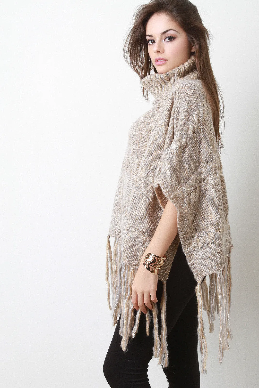 Marled Cable Knit Turtleneck Tassel Hem Poncho