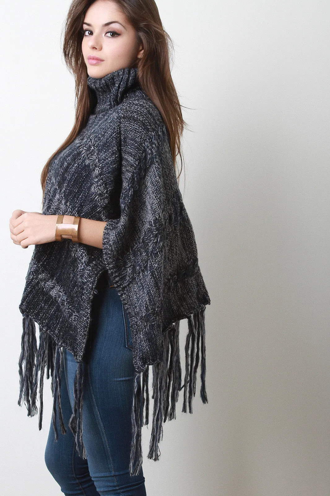 Marled Cable Knit Turtleneck Tassel Hem Poncho