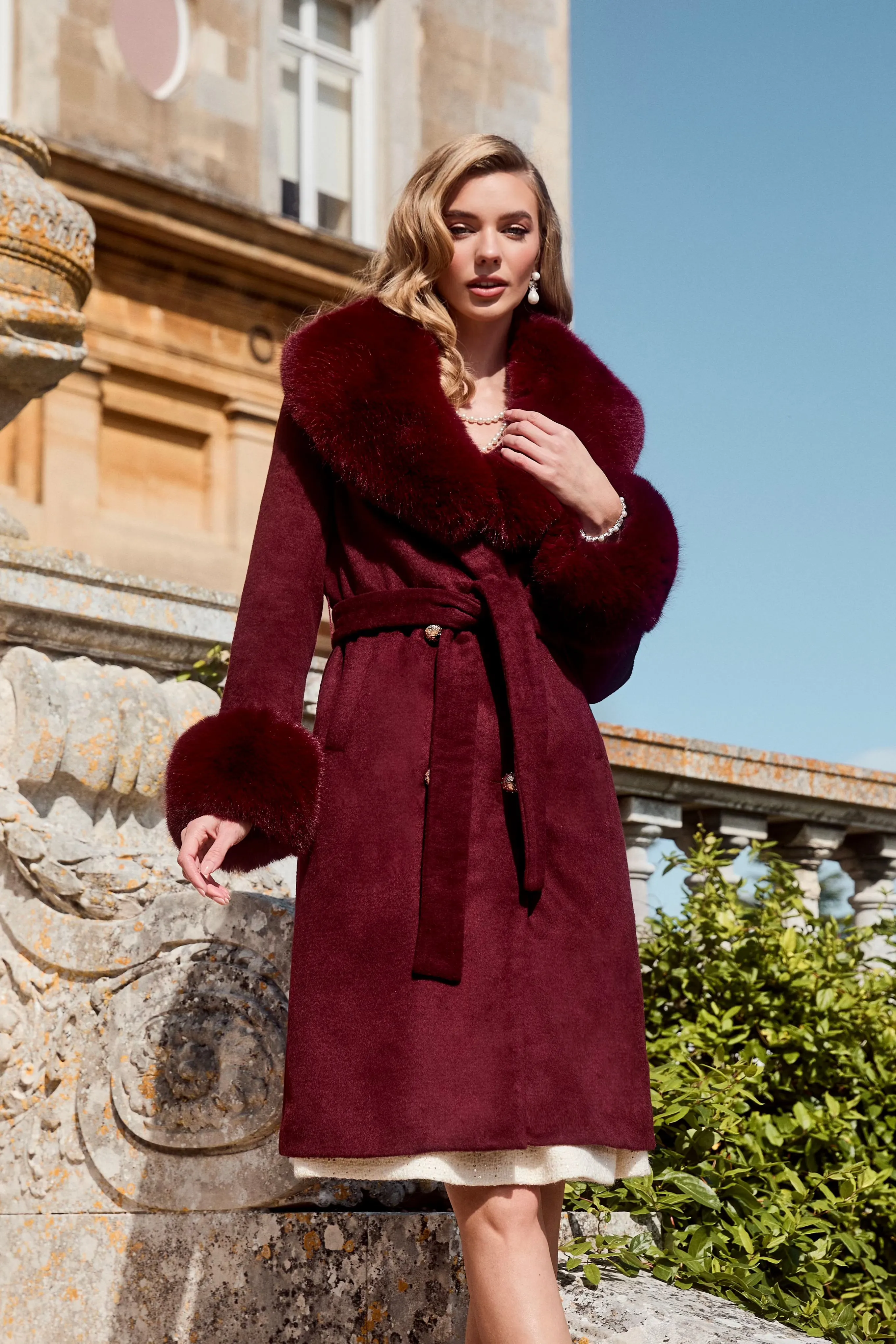 'Marlene' Cashmere and Wool Coat with Faux Fur in Rosso