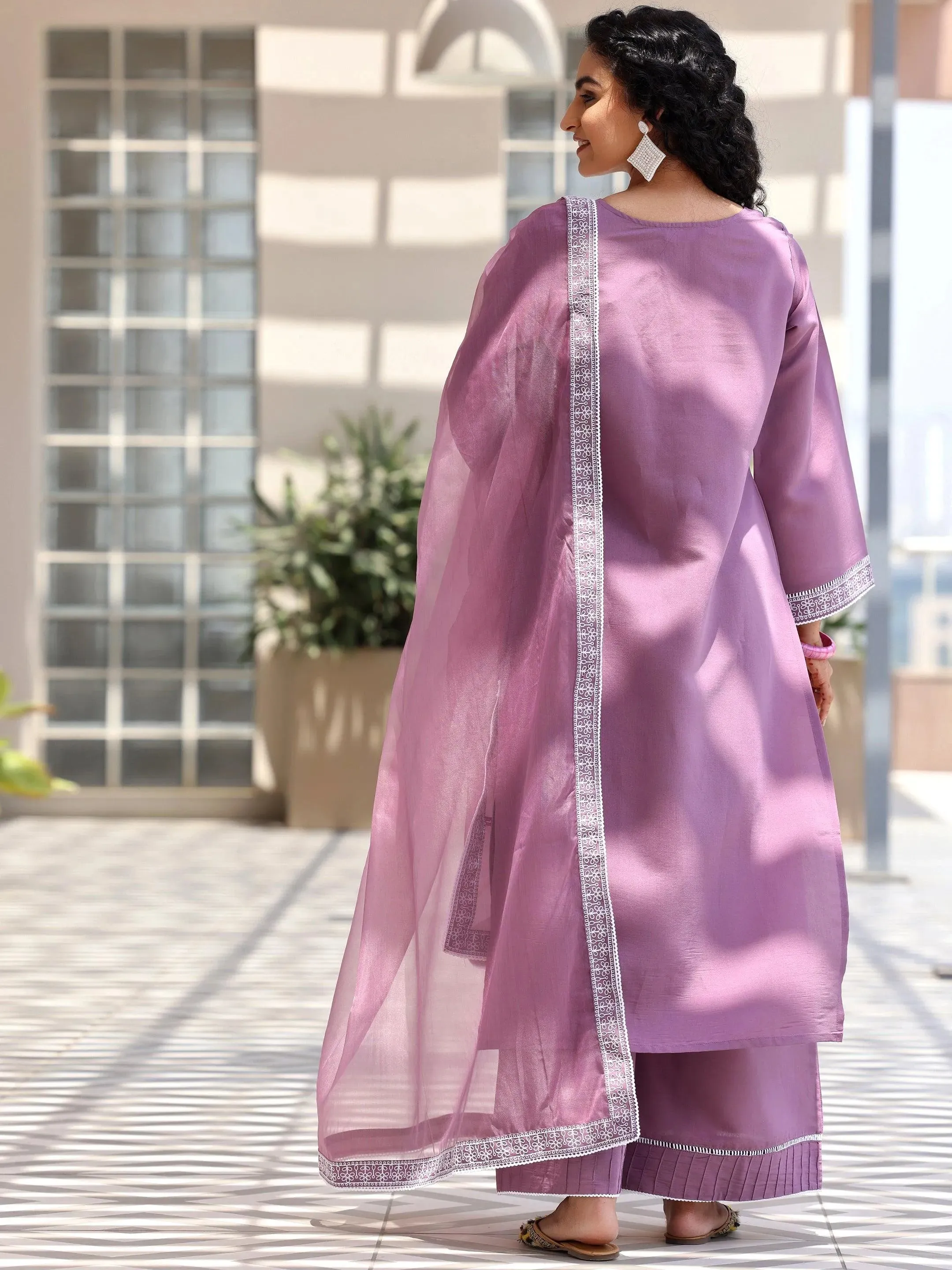 Mauve Embroidered Silk Blend Straight Suit With Dupatta