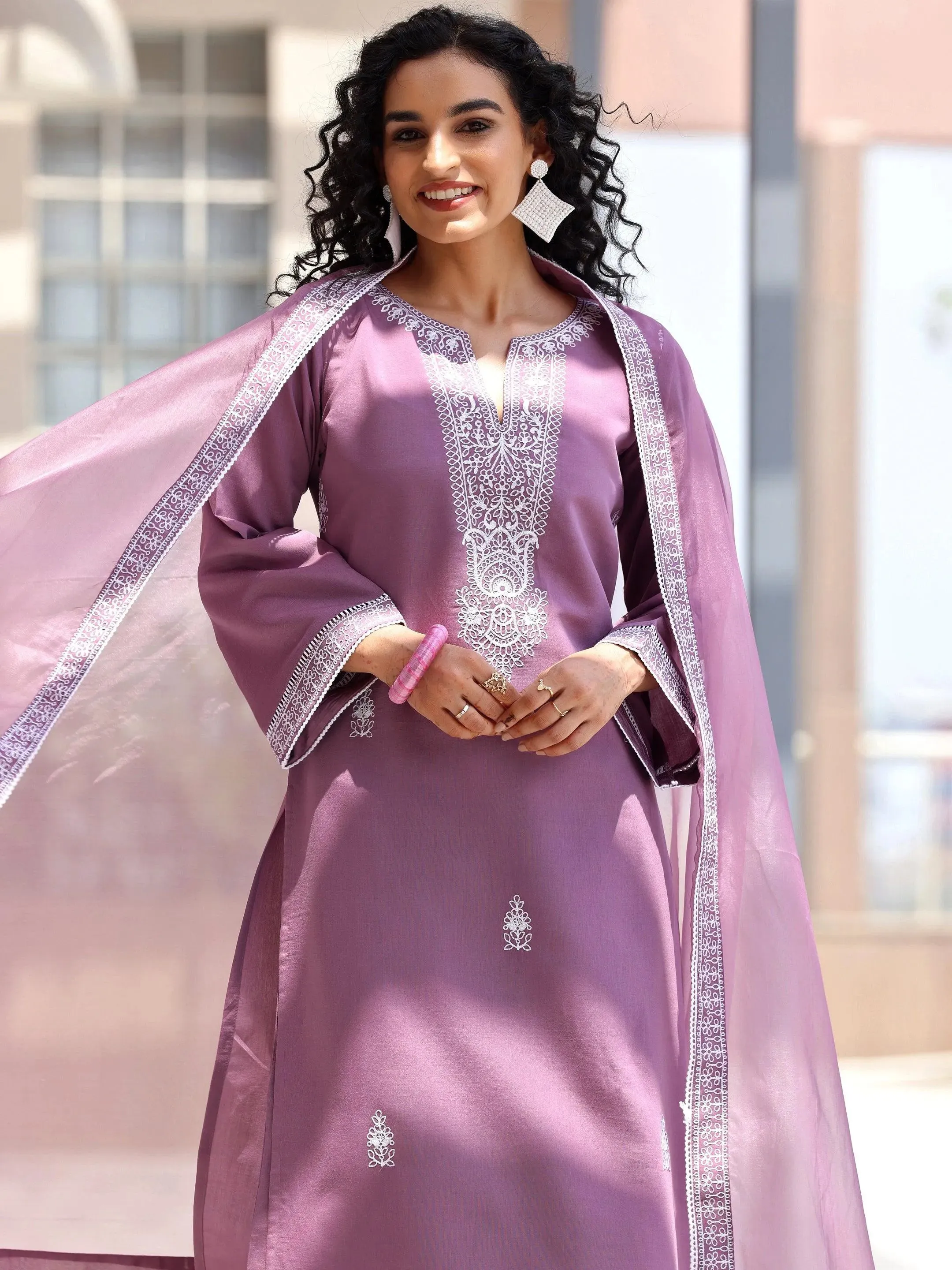 Mauve Embroidered Silk Blend Straight Suit With Dupatta