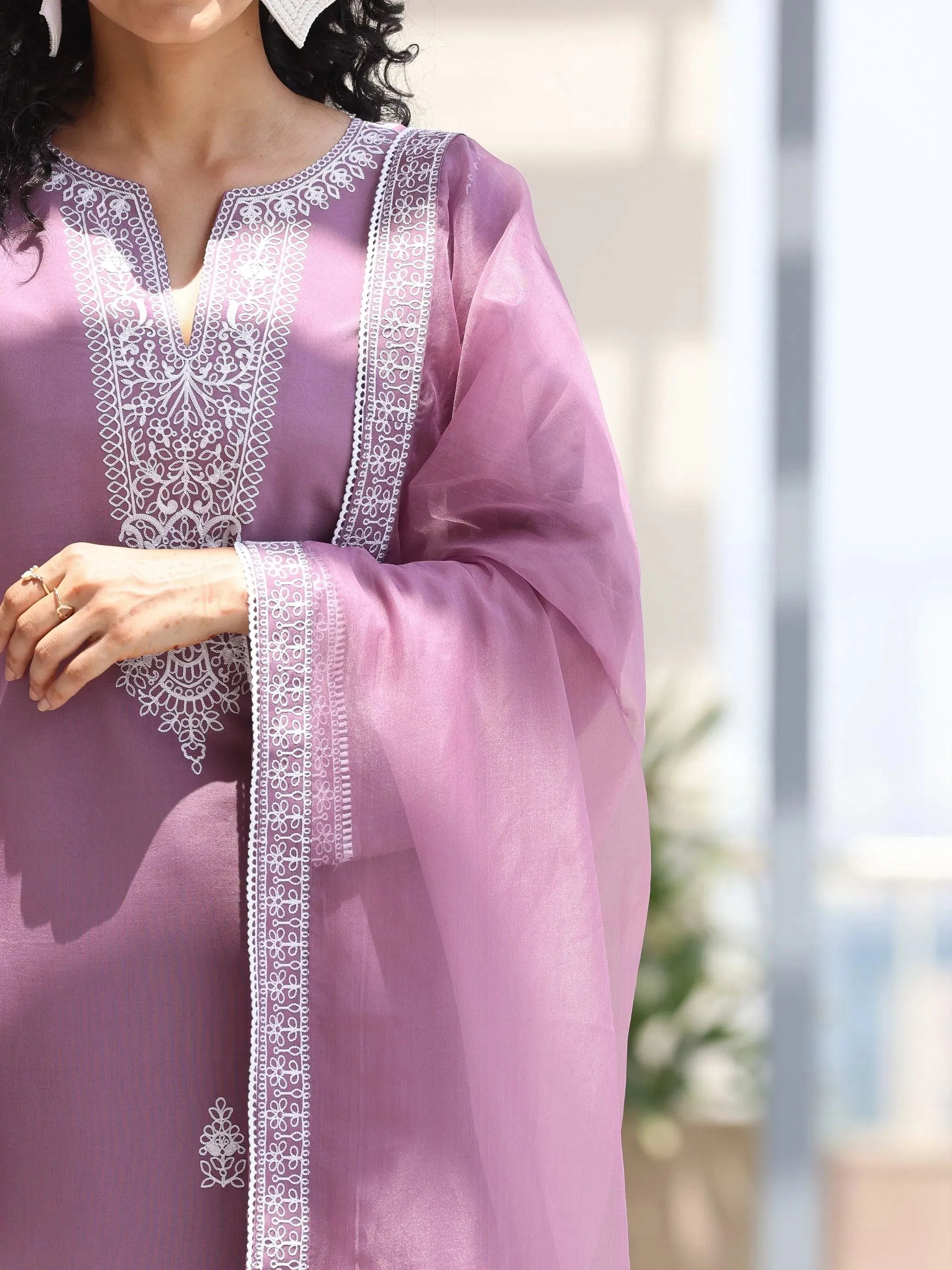 Mauve Embroidered Silk Blend Straight Suit With Dupatta