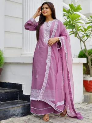 Mauve Embroidered Silk Blend Straight Suit With Dupatta