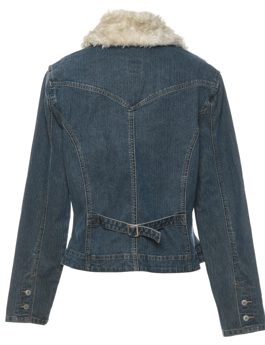 Medium Wash Faux Fur Collar Denim Jacket - L