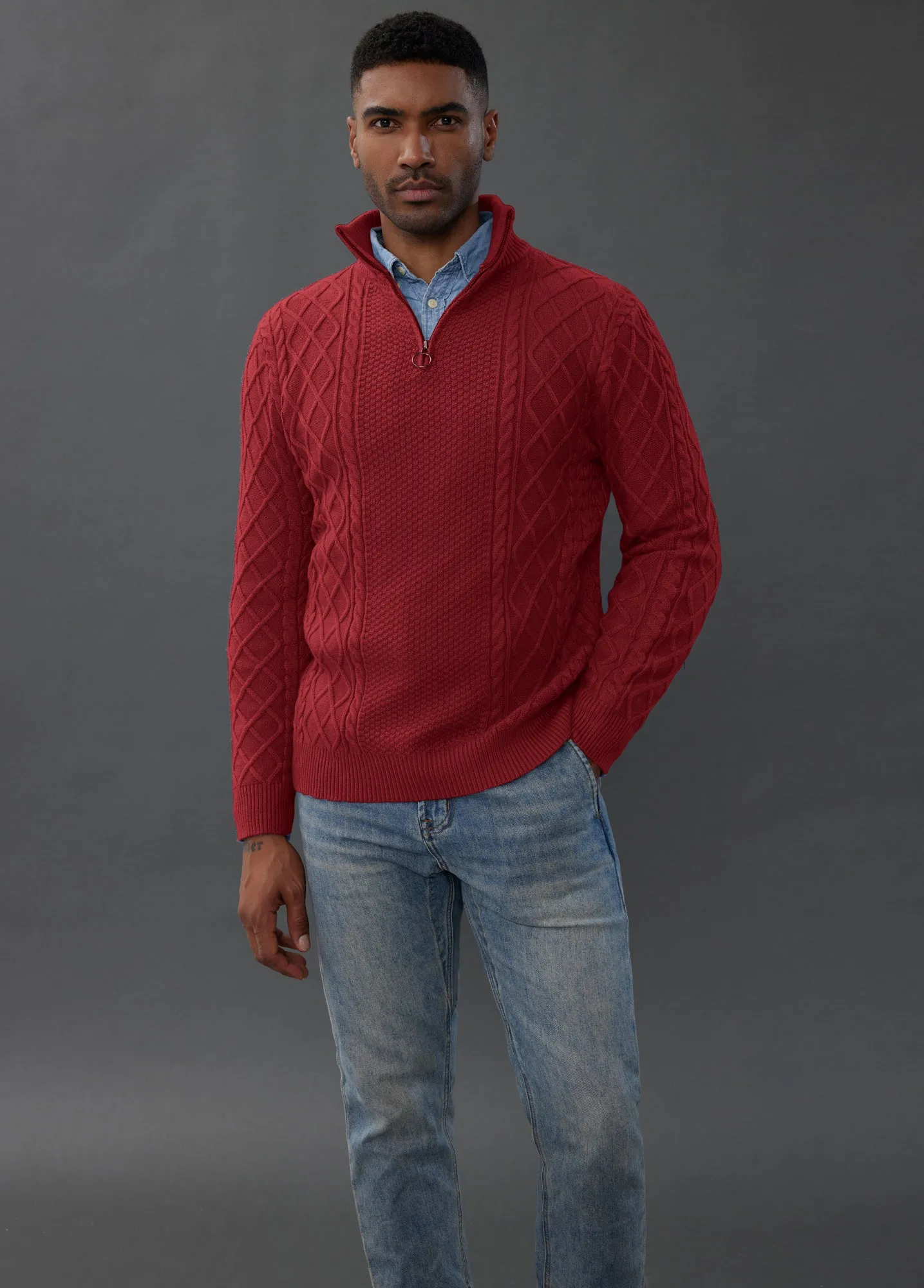 Men's Casual Quarter-Zip Sweaters Cable Knit Thermal Pullover