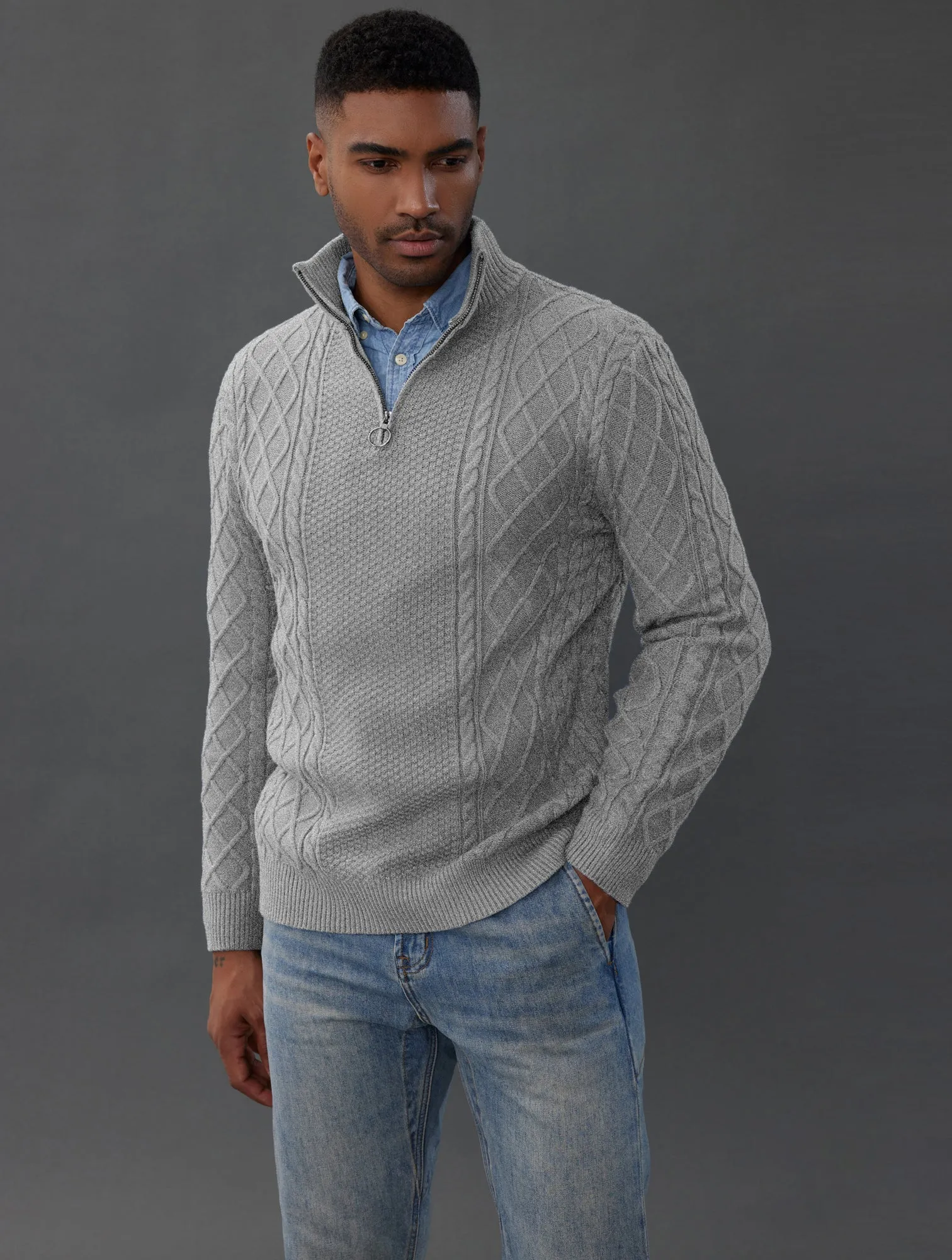 Men's Casual Quarter-Zip Sweaters Cable Knit Thermal Pullover