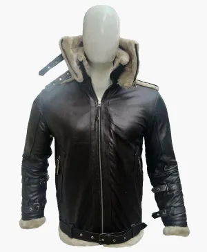 Men's Double Collar Leather Jacket with Fur Detail