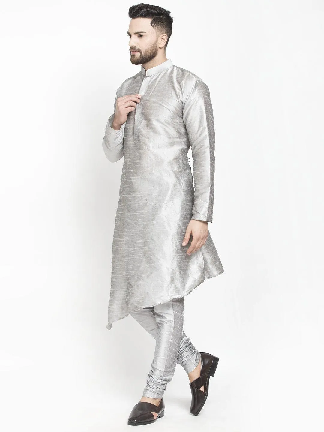 Men's Grey Solid Asymmetric Kurta With Churidaar Pyjama - Benstoke