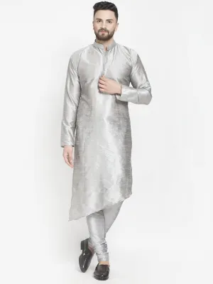 Men's Grey Solid Asymmetric Kurta With Churidaar Pyjama - Benstoke