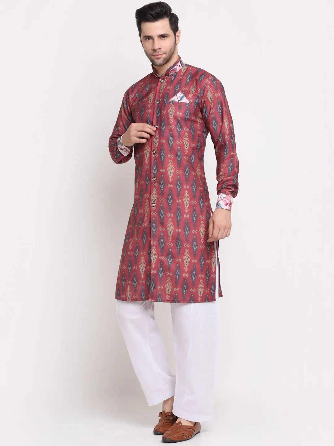 Men's Maroon & Navy Blue Printed Kurta With White Pyjamas Set - Benstoke