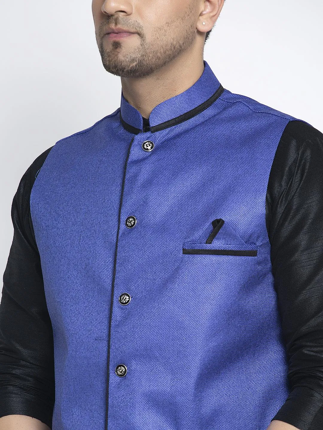 Men's Silk Blend Black Kurta With Pyjama & Royal Blue Nehru Jacket - Benstoke