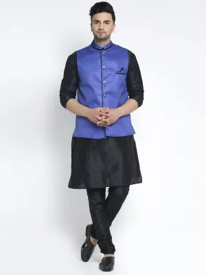 Men's Silk Blend Black Kurta With Pyjama & Royal Blue Nehru Jacket - Benstoke