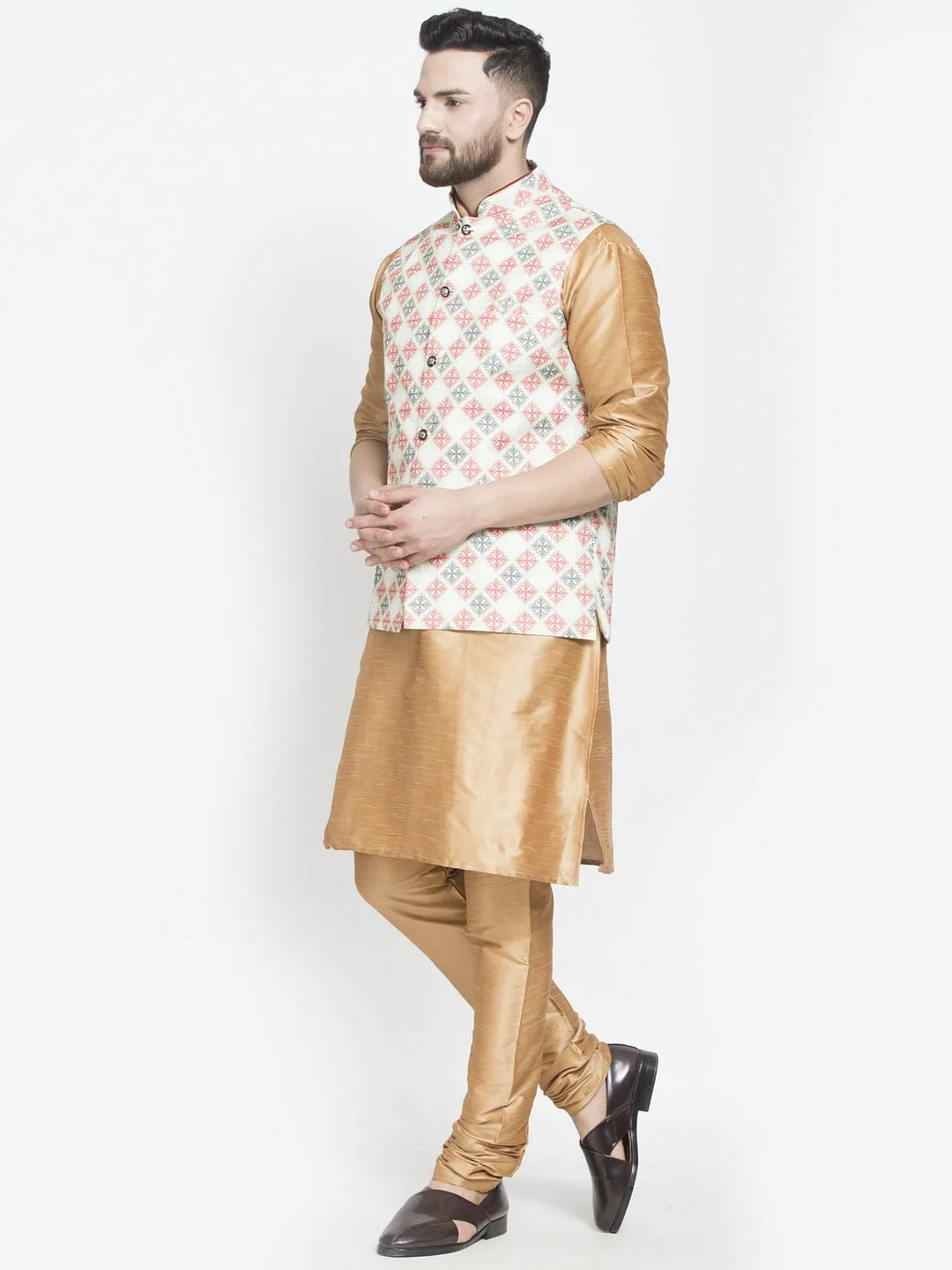 Men's Silk Blend Copper Kurta With Pyjama & Green Printed Nehru Jacket - Benstoke