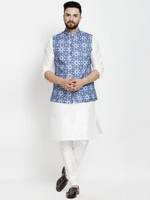 Men's Silk Blend White Kurta With Pyjama & Blue Printed Nehru Jacket - Benstoke