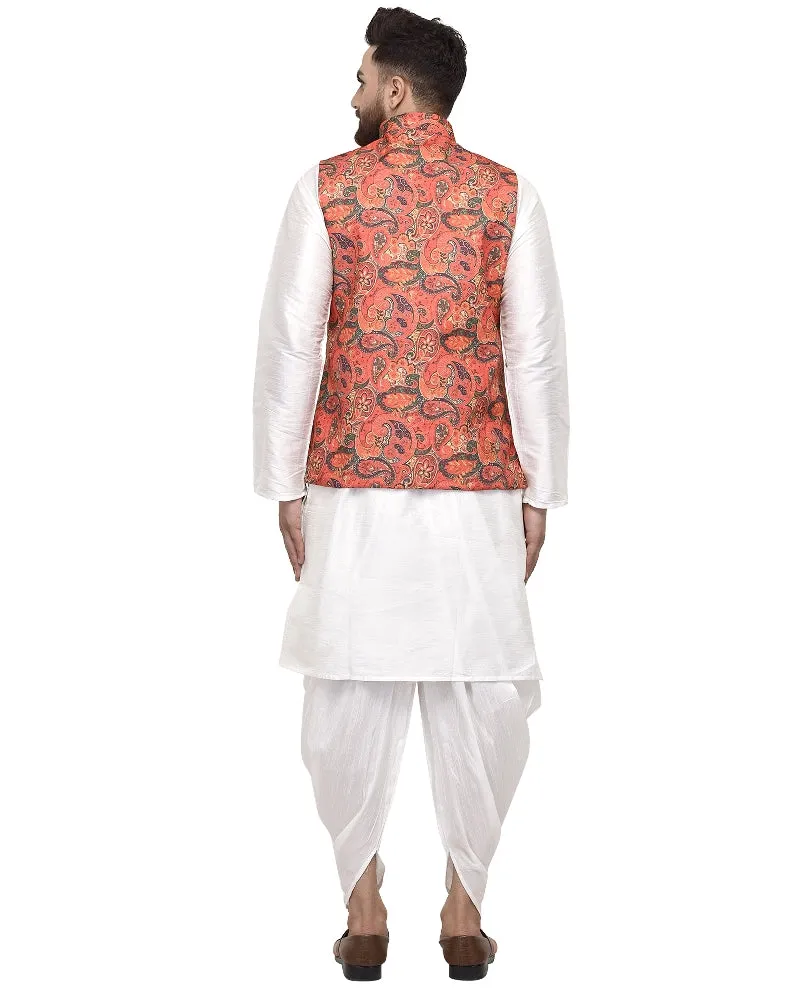 Men's White Kurta With Dhoti & Orange Printed Nehru Jacket - Benstoke